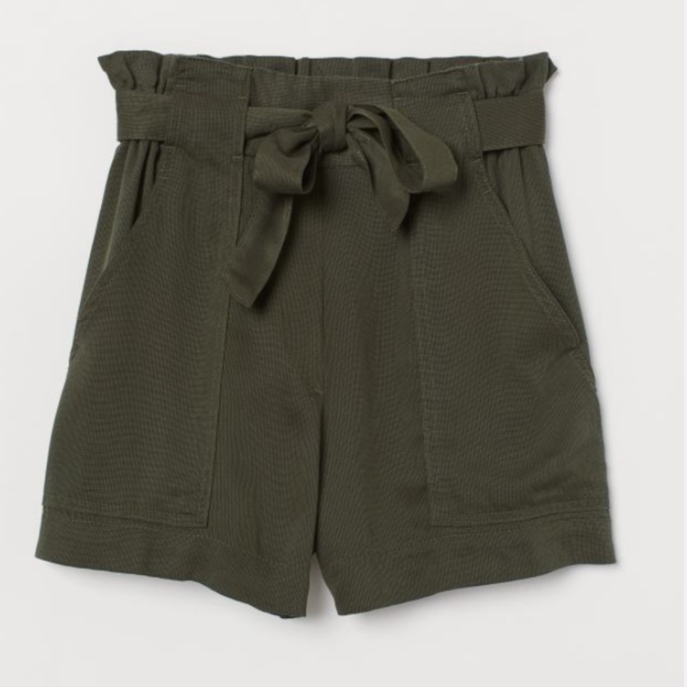 Olive Green H&M High Waisted Paper Bag Shorts